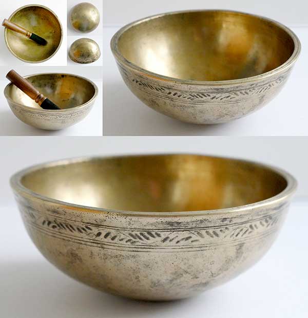 Pretty Round-Bottomed Decorated Antique Manipuri Singing Bowl – B5 (978Hz)