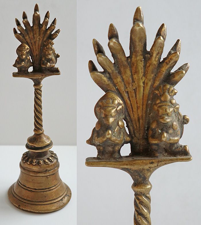 Antique Bronze Temple Hand Bell with Garuda and Hanuman Top