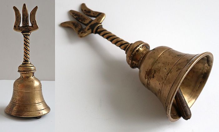 Small Antique Bronze Hand Bell with Trident Top