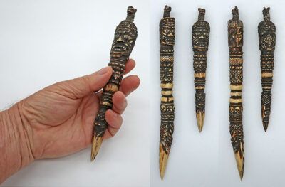 Fabulous Rare Pair of Antique Tibetan Shaman Phurba – Carved Deer Horn