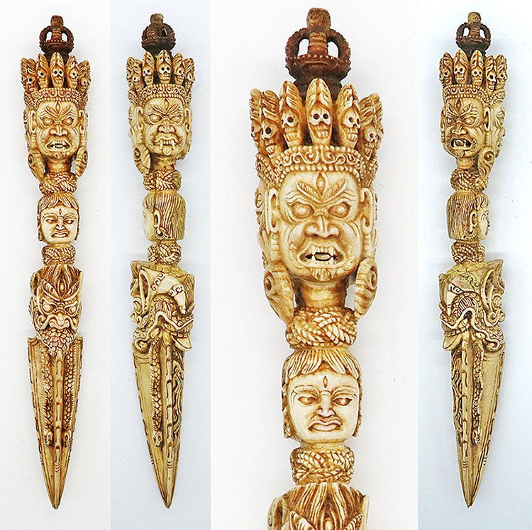 Incredible Bhutanese Hand-Carved Bone Shaman Phurba or Ritual Dagger