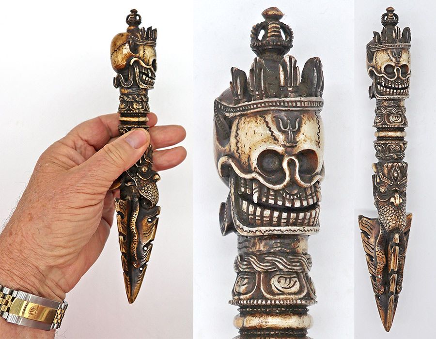 Bhutanese Carved Bone Shaman’s Phurba or Ritual Dagger With Skull Motif