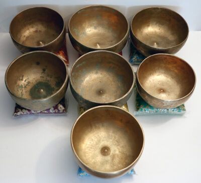 Sequential Set of 7 Large Antique 3rd Octave Lingam Singing Bowls – Unique Opportunity