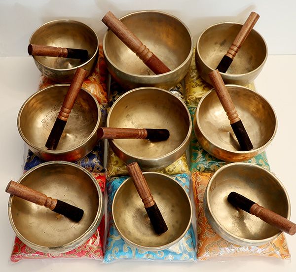 Rare 9-Piece Set of 4th Octave Antique Lingam Singing Bowls