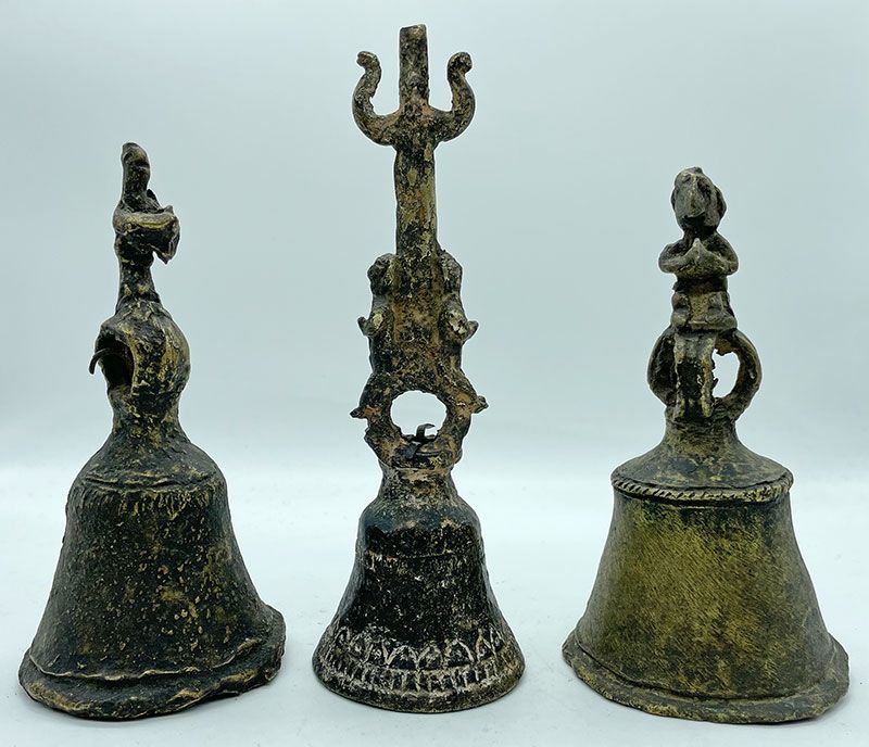 Collection of 3 Rare Antique Bronze Ritual Hand-Bells Made by Shaman for Own Use