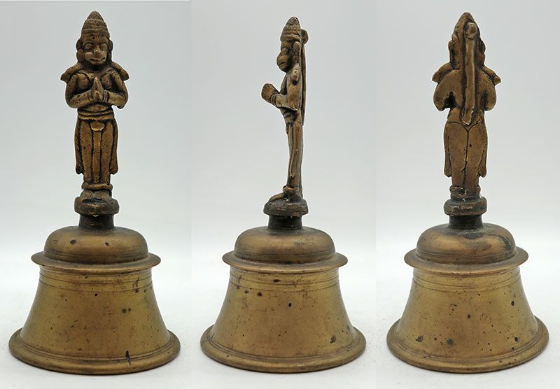 Antique Bronze Temple Hand Bell with Hanuman Motif