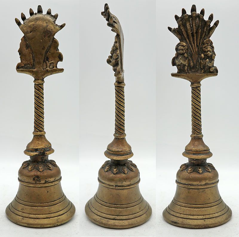 Antique Bronze Temple Hand Bell with Hanuman and Garuda Motif