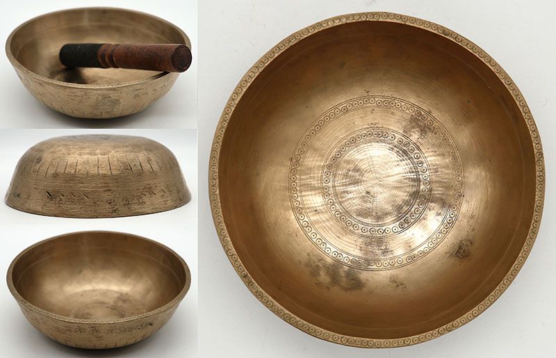 Spectacular Tiny Manipuri Singing Bowl Covered in Artwork & Inscribed