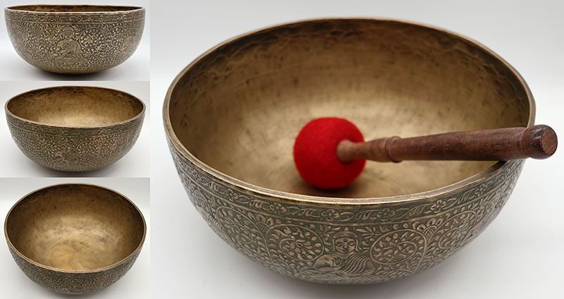 Hand-Engraved 10 ¼“ Antique Jambati Singing Bowl from Bangladesh – Buddha Motif