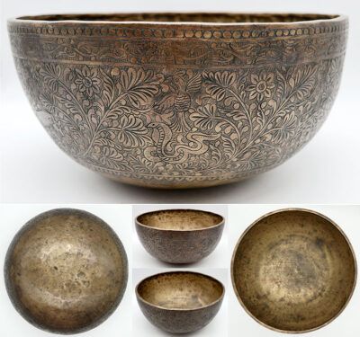 Fabulous 10 ½“ Engraved Antique Jambati Singing Bowl from Bangladesh – Animal Motif