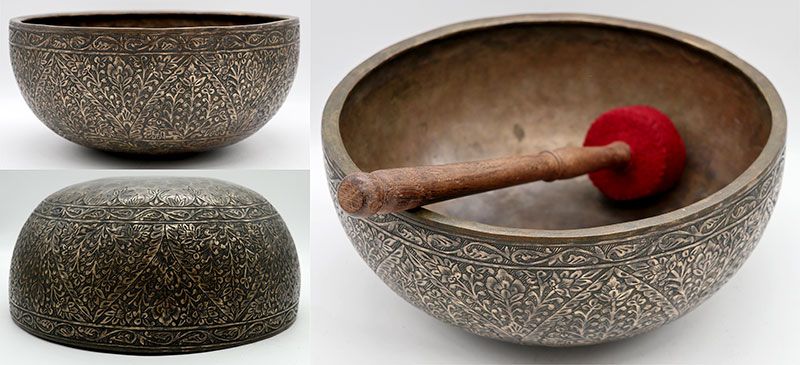 Beautiful 10 ¾ “ Engraved Antique Jambati Singing Bowl from Bangladesh - Lotus Motif