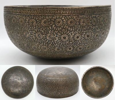 Glorious 11“ Engraved Antique Jambati Singing Bowl from Bangladesh – Floral Motif