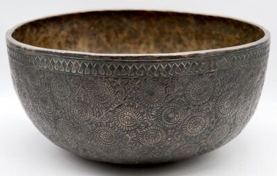Glorious 11 ½ “ Engraved Antique Jambati Singing Bowl from Bangladesh – Floral Motif