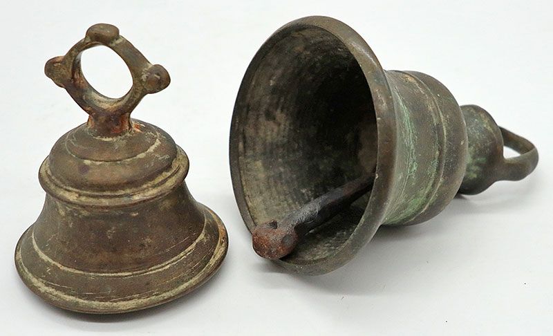 2 Small Antique Bronze Temple Hanging Shrine Bells from Nepal
