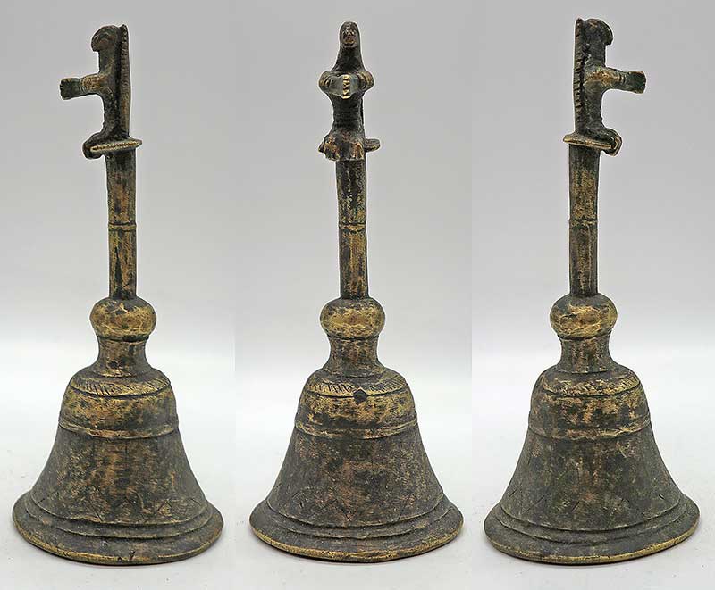 Rare Antique Bronze Hand-Held Shaman Bell with Praying Figure