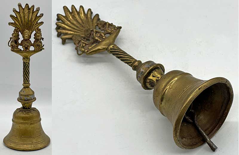 Antique Bronze Temple Hand-Bell with Mythical Garuda and 2 Hanuman Monkey Gods