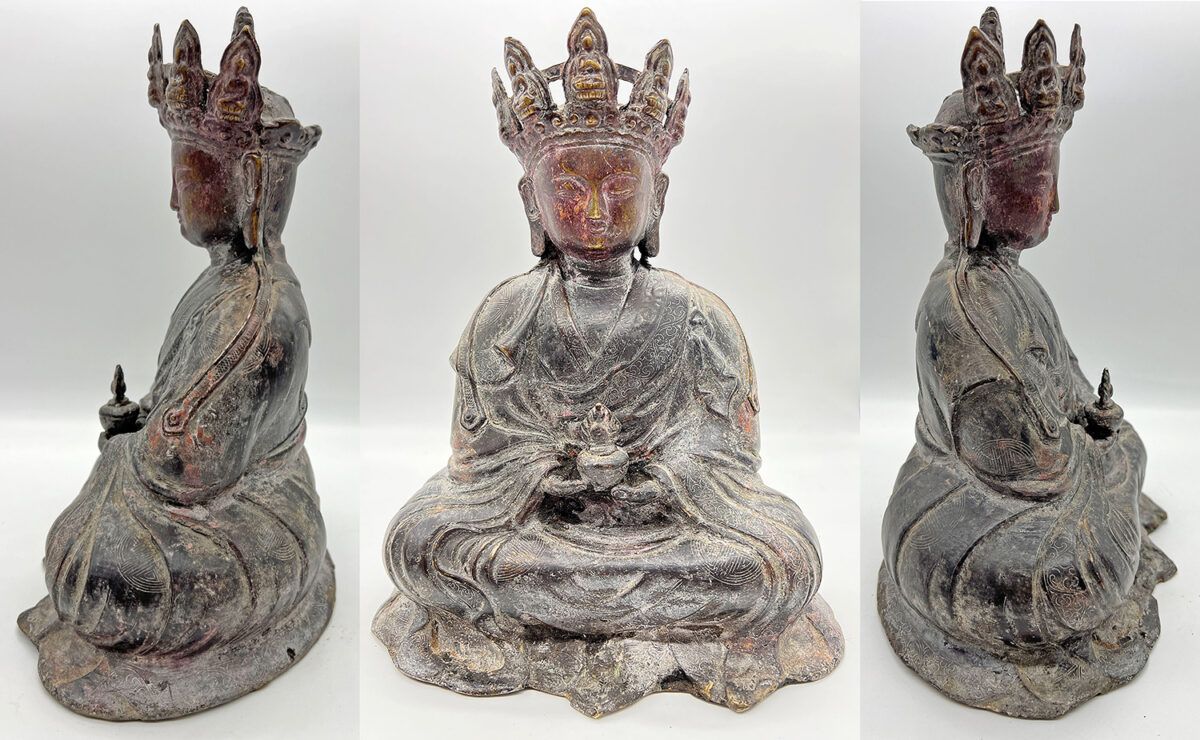 Tibetan Antique Bronze Crowned Meditation Buddha Statue