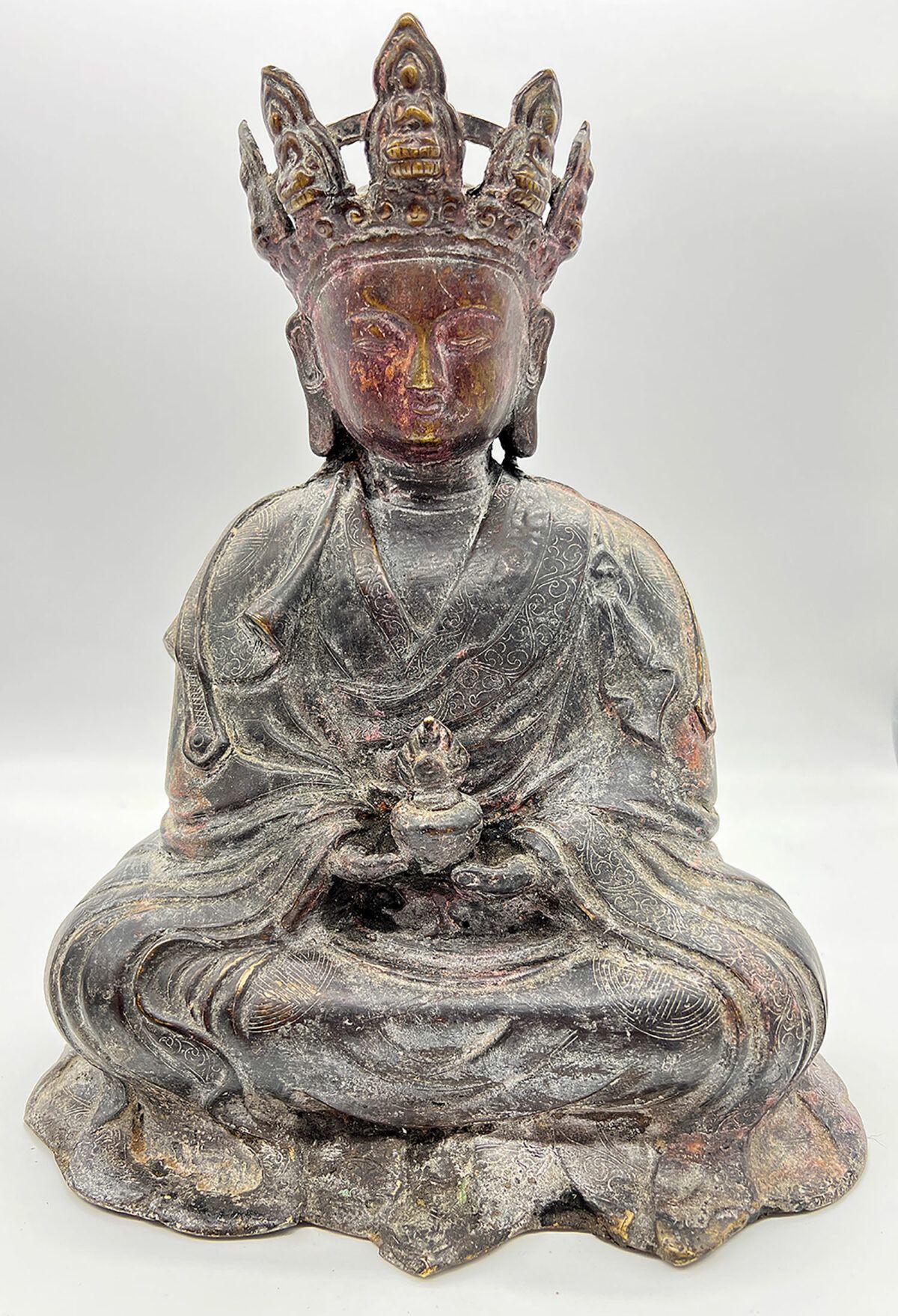 Tibetan Antique Bronze Crowned Meditation Buddha Statue - Image 2