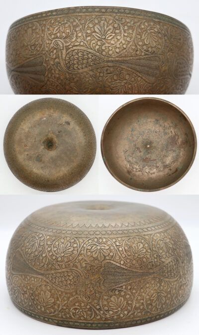 Rare Hand-Carved Antique Lingam Singing Bowl with Sacred Peacock Motif