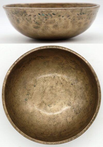 Interesting G#5 Antique Manipuri Singing Bowl with Suns & Ritual Gashes